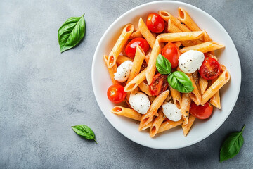 Delicious pasta with fresh tomatoes, mozzarella and basil for a delightful meal