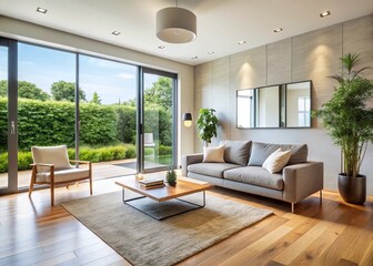 Minimalist Living Room with Smart Thermostat, Modular Furniture & Patio View