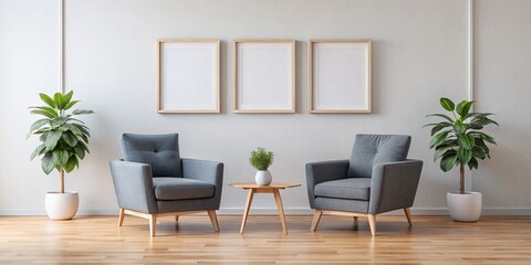 Minimalist Living Room: Charcoal Armchair, Wooden Side Table & Three Square Frames