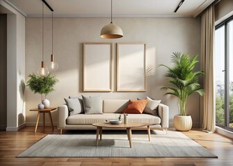 Minimalist Modern Living Room Interior Mockup with Empty Wall Frame