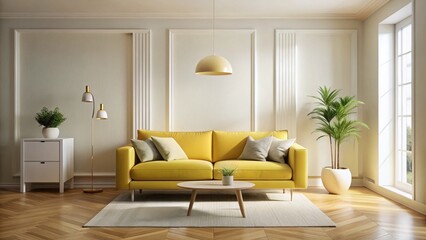 Fototapeta premium Minimalist Modern Living Room with Yellow Sofa, Bright Interior Design