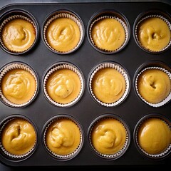 muffin pan filled with batter, ready for baking