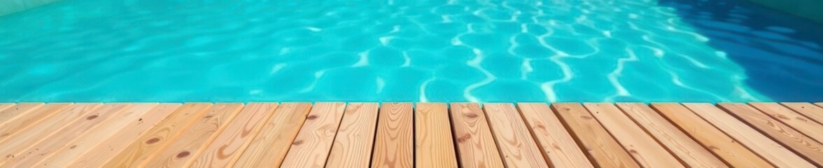 Obraz premium Empty wooden pool deck, clear blue water awaits, terrace, day