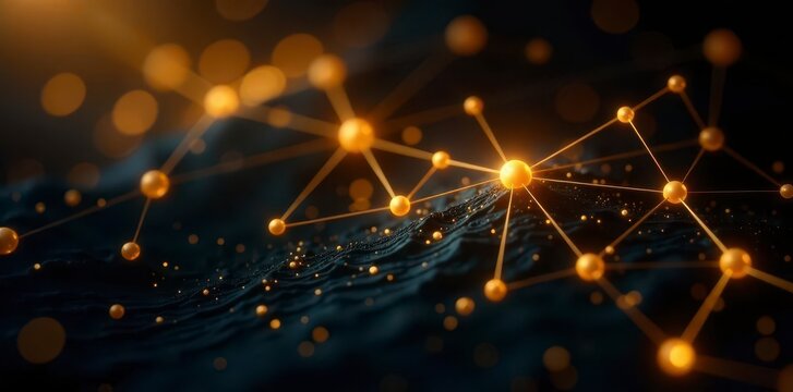Golden interconnected nodes on black, depicting financial prosperity , network, strategy