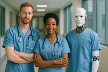 Diverse medical team with male doctor, female nurse, and humanoid robot in blue scrubs, symbolizing the future of AI and human collaboration in healthcare