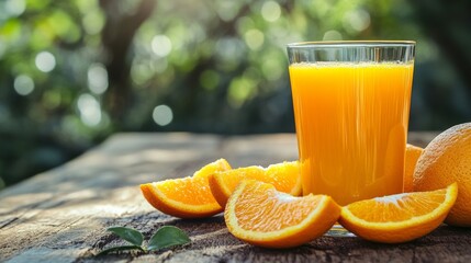 Fresh orange juice with sliced oranges on a wooden table in a bright outdoor setting