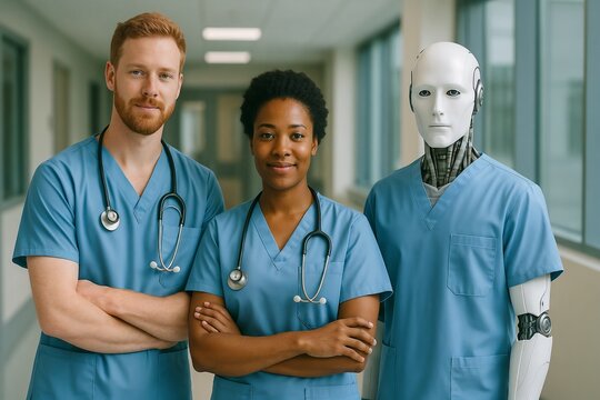 Diverse medical team with male doctor, female nurse, and humanoid robot in blue scrubs, symbolizing the future of AI and human collaboration in healthcare - Powered by Adobe