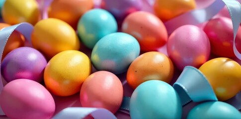 Assortment of dyed eggs and satin ribbons, close-up , satin, bow, handmade