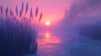 Sunset casts pink and purple hues over serene waters surrounded by tall grass near a calm river