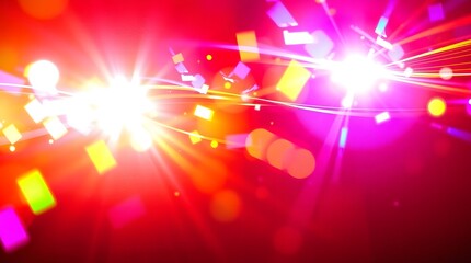 Abstract bright red and pink light streaks with colorful bokeh and confetti, vibrant celebratory background.