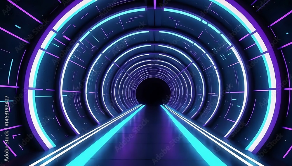 Poster abstract futuristic tunnel with glowing neon lights and a dark vanishing point creating depth.