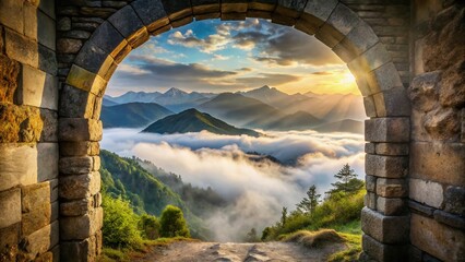 Misty Mountain Landscape Through Stone Archway - Candid Nature Photography