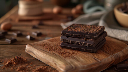 Dark vertical chocolate bars stacked on a wooden board with cocoa powder. Generated AI -