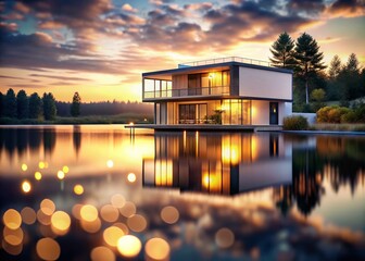 Modern Lake House Sunset Bokeh Photography - Stunning Still Water View