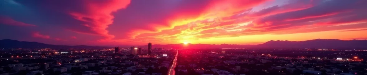 Fotobehang El Paso sunset, vibrant sky, city lights gleaming , dusk, photography © Febz