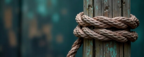 Intricate sailor's knot tied around aged, gray wooden piling , old, secure