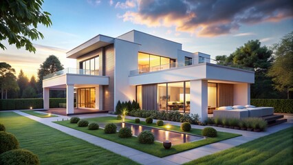 Fototapeta premium Modern White House with Lush Green Lawn at Dusk - Architectural Photography