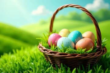 Speckled & solid colored eggs nestled in wicker basket, green hillside, happy, meadow, hills