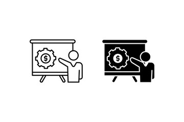 Business training icon showing person presenting a business plan with gear and dollar sign, suitable for presentations, websites, and marketing materials.