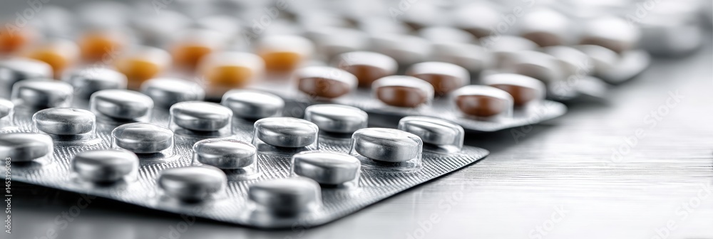 Poster blister packs of pills arranged neatly on a clean surface showcasing various colors and shapes for h