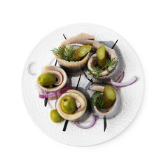 Delicious herring rolls with olives, pickles, dill and onion isolated on white, top view