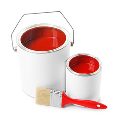 Cans of red paint and brush isolated on white