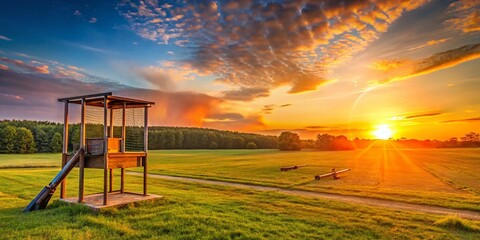 Fototapeta premium Panoramic View: Clay Pigeon Shooting Training Field with Orange Clay Targets and Trap Machine