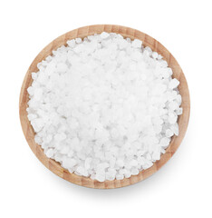 Salt in bowl isolated on white, top view