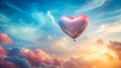 Fototapeta premium Pastel Heart Balloon Floating, Serene Background, Copy Space - Stock Photo