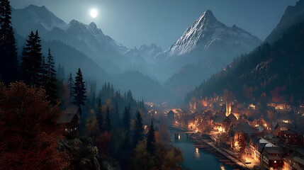 Moonlit Alpine Village: A Serene Night in the Mountains