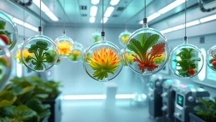 Vegetables grow inside levitating nutrient pods in a futuristic zero-gravity space lab. A mind-bending glimpse into the cosmic future of sustainable food systems.