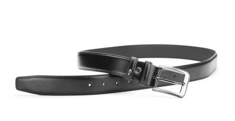 One black leather belt isolated on white