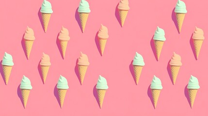 Ice cream cones arranged in a pastel pink pattern.  Soft pastel ice cream scoops on light beige cones.  Geometric design with shadows