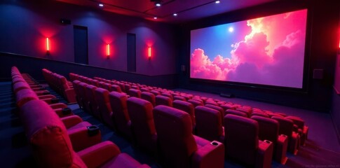 Plush velvet seating, ambient LED lighting, cinematic screen, cozy, home theater, decor