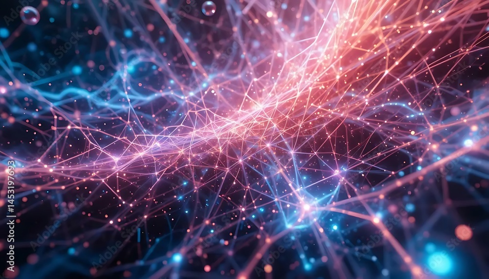 Aufkleber an abstract network of glowing nodes and lines creates a vibrant, futuristic tech background.