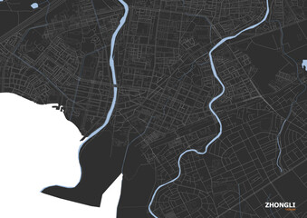 Vector map of Zhongli District, Taiwan, zoomed-in with a dark theme. Clean and modern design ideal for tech, infographic, or urban visual applications.