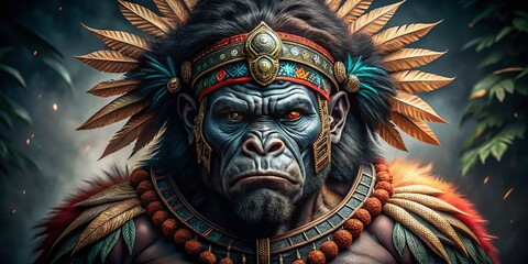Fototapeta premium Powerful Gorilla Aztec Warrior in Dramatic Black and White Documentary Style