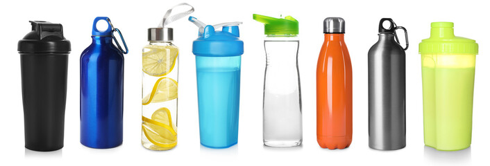 Different water bottles and shakers isolated on white, set
