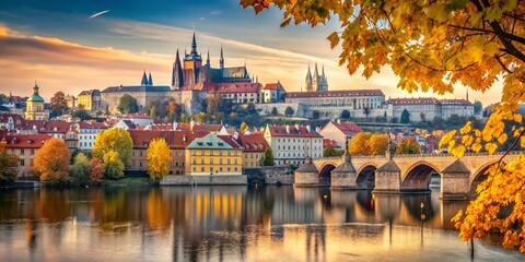 Fototapeta premium Prague Castle, Lesser Town, Vltava River Autumn Bokeh Photography