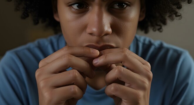 Anxious teen biting nails nervous habit stress management coping mechanism mental health awareness portrait