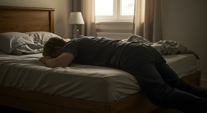Man lying face down on bed feeling sad and stressed overwhelmed with anxiety and depression concept