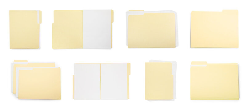 File folders with sheets of paper isolated on white, collage. Top view