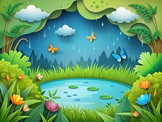 Obraz premium Rainy Season Pond: Paper Cut Style Illustration of Plants, Butterflies, and Raindrops