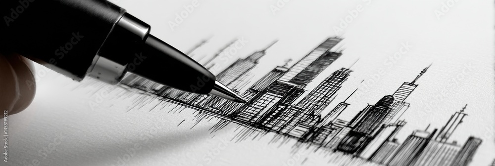 Poster minimalist black ink pen sketch of a modern city skyline captured in intricate detail during a creat