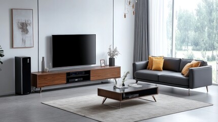 Fototapeta premium A modern living room with furniture and a television set