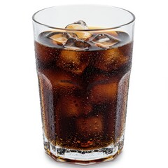 Glass of cola with ice cubes on white background