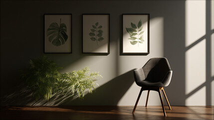 A unsubdivided interior with plants, a chair, and framed leaf prints against a neutral color pallette