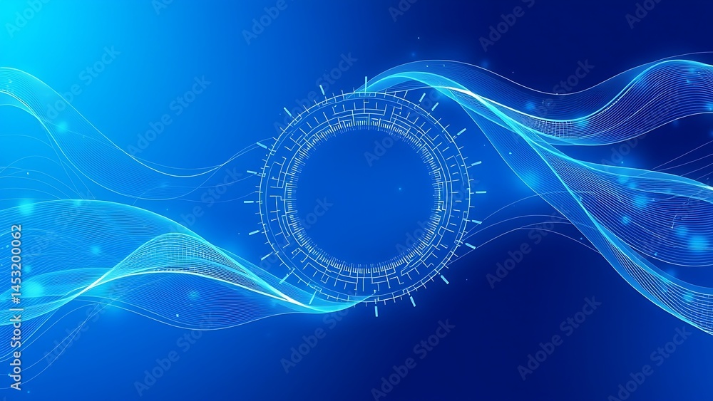 Poster abstract blue wave background with glowing circular design element technology digital network future