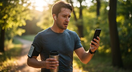 Man using smartphone during outdoor workout in park for fitness and healthy lifestyle tracking app use