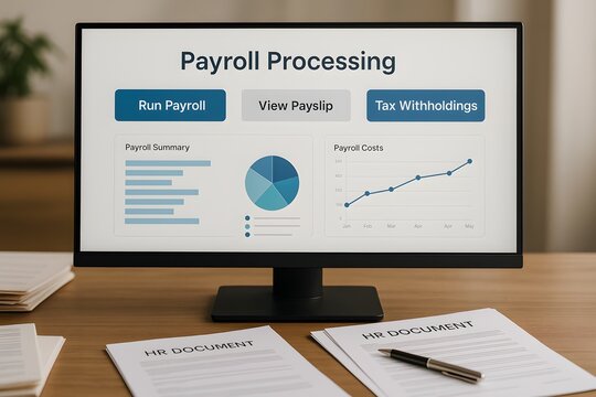 A desktop monitor shows a Payroll Processing portal with Run Payroll, View Paystub, and Tax Withholding options. Concept of automated payroll management and compliant reporting